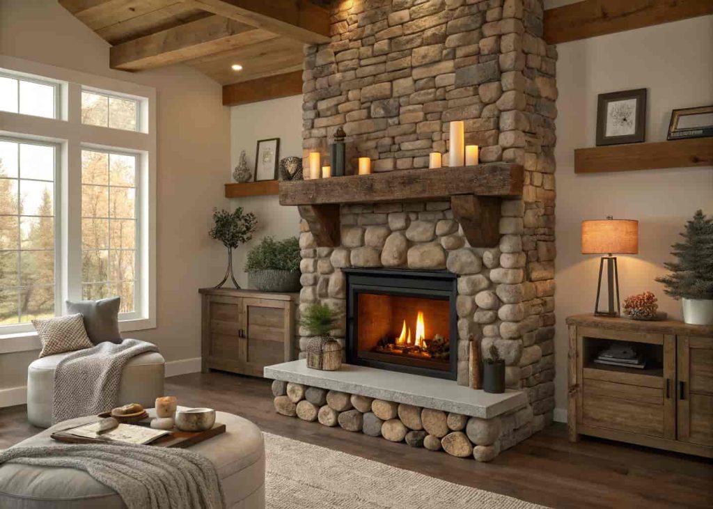 Stacked river rock fireplace with a reclaimed wooden mantel, glowing fire inside, and candles and small decor pieces arranged on the shelf above