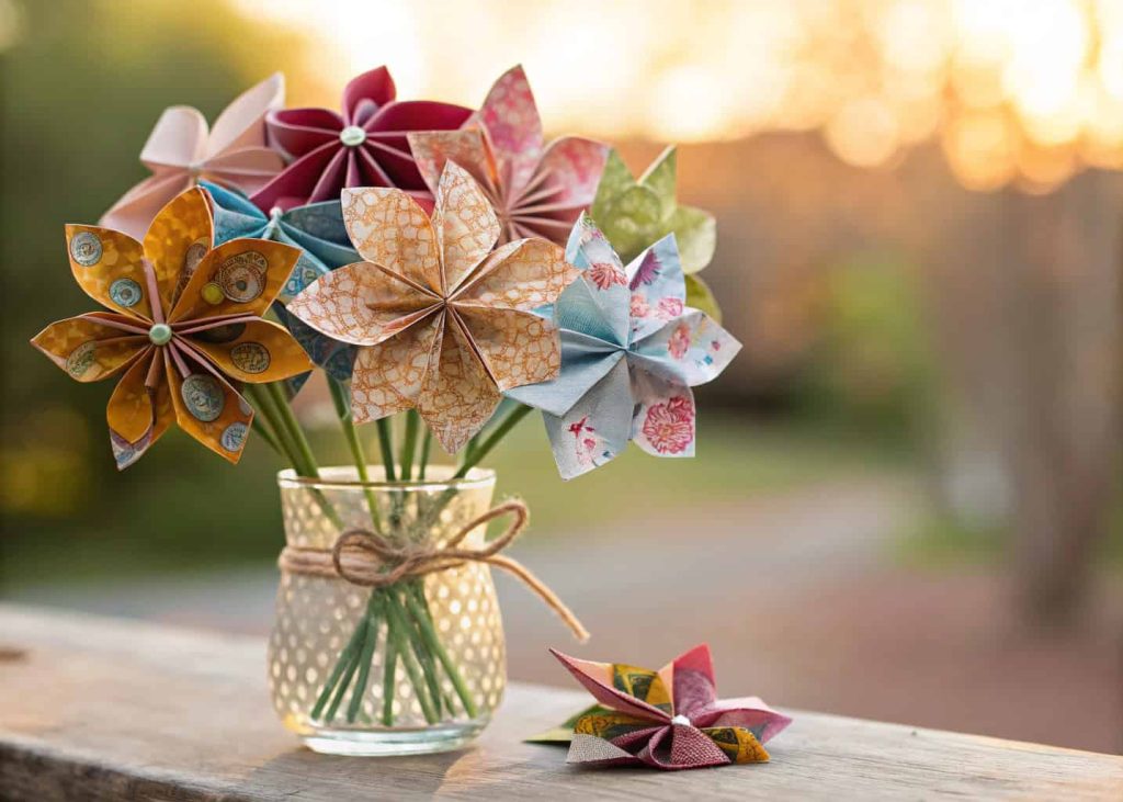 A bouquet of colorful origami flowers in patterned and metallic paper displayed in a small glass vase.