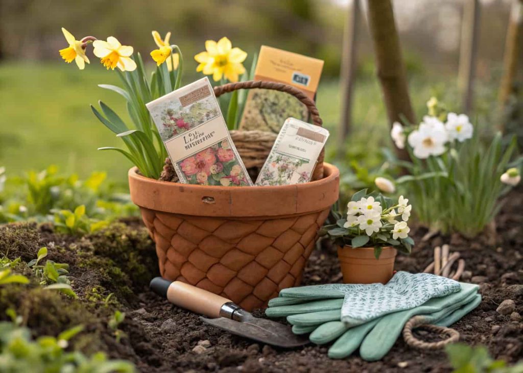 A terracotta pot Easter gift basket with seed packets, mini gardening gloves, a small trowel, and a tiny succulent plant, surrounded by fresh spring soil and flowers outdoors, natural earthy photography style.