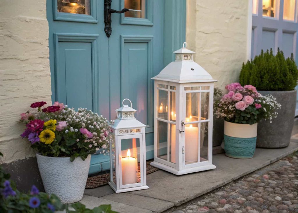Two white lanterns with pastel candles beside a blue front door, surrounded by potted flowers.
