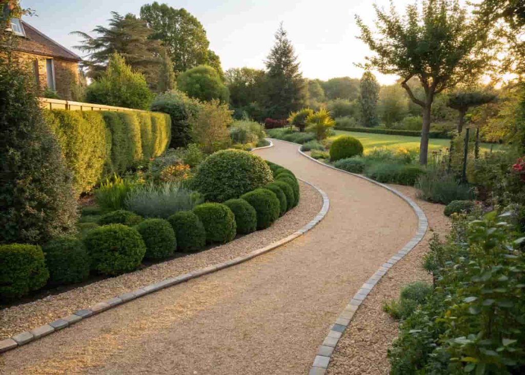 Winding gravel garden pathway with crushed tan stone bordered by green shrubs and ornamental plants, neat and well-defined edges, soft afternoon sunlight, residential garden setting, eye-level photo.