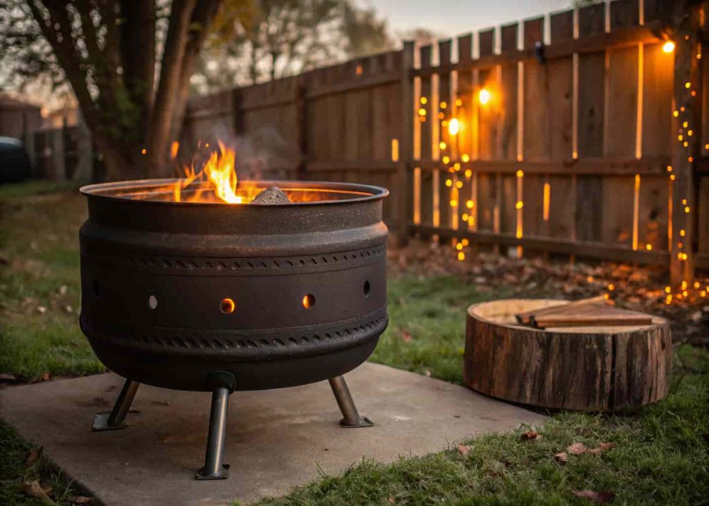 A matte black repurposed tractor wheel rim firepit raised on metal legs with a burning fire, set in a rustic farmhouse-style backyard at golden hour