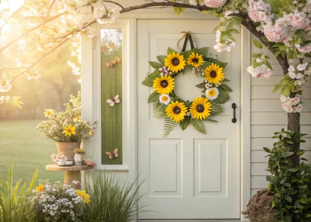 A front door adorned with a bright yellow sunflower wreath, accented with daisies, green leaves, and small decorative butterflies, in a sunny spring setting.