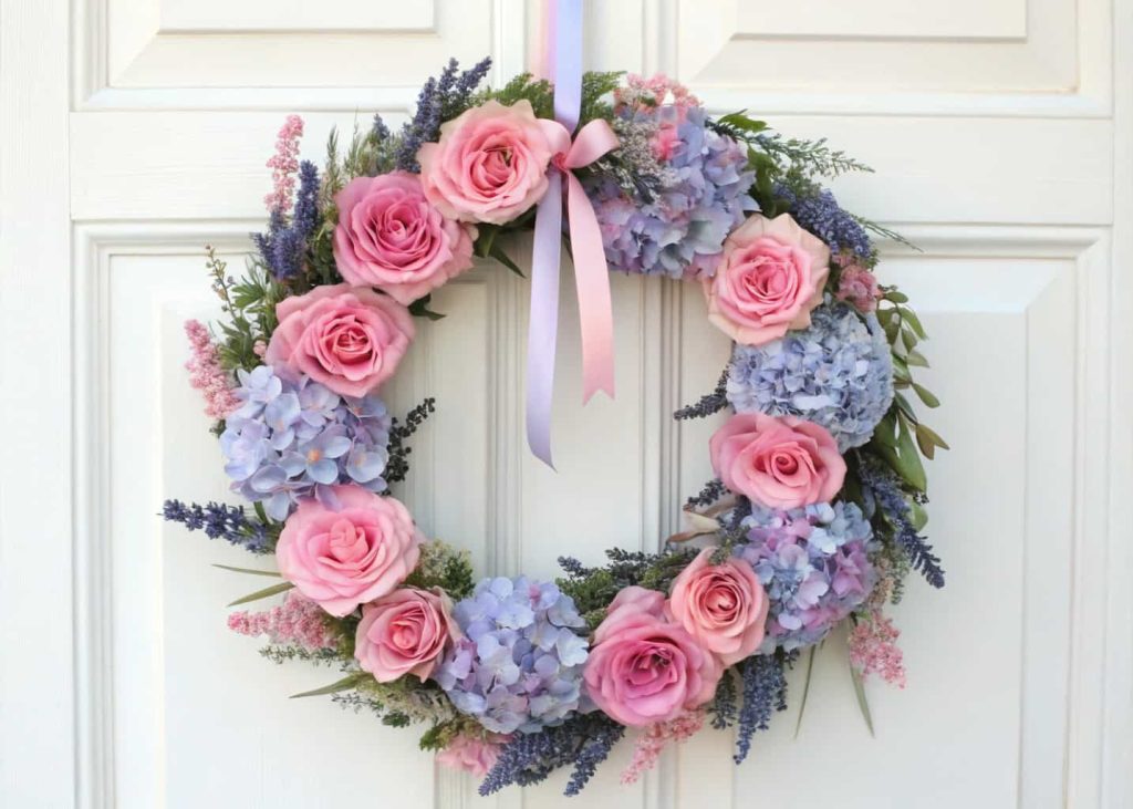 A pastel-colored wreath with pink roses, lavender, and baby blue hydrangeas, tied with a soft ribbon, hanging on a white front door.