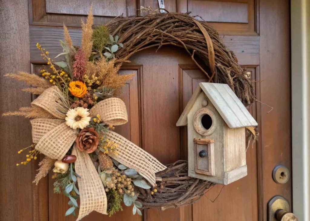 A rustic farmhouse wreath with twigs, burlap ribbons, dried flowers, and a miniature wooden birdhouse hanging on a wooden front door.