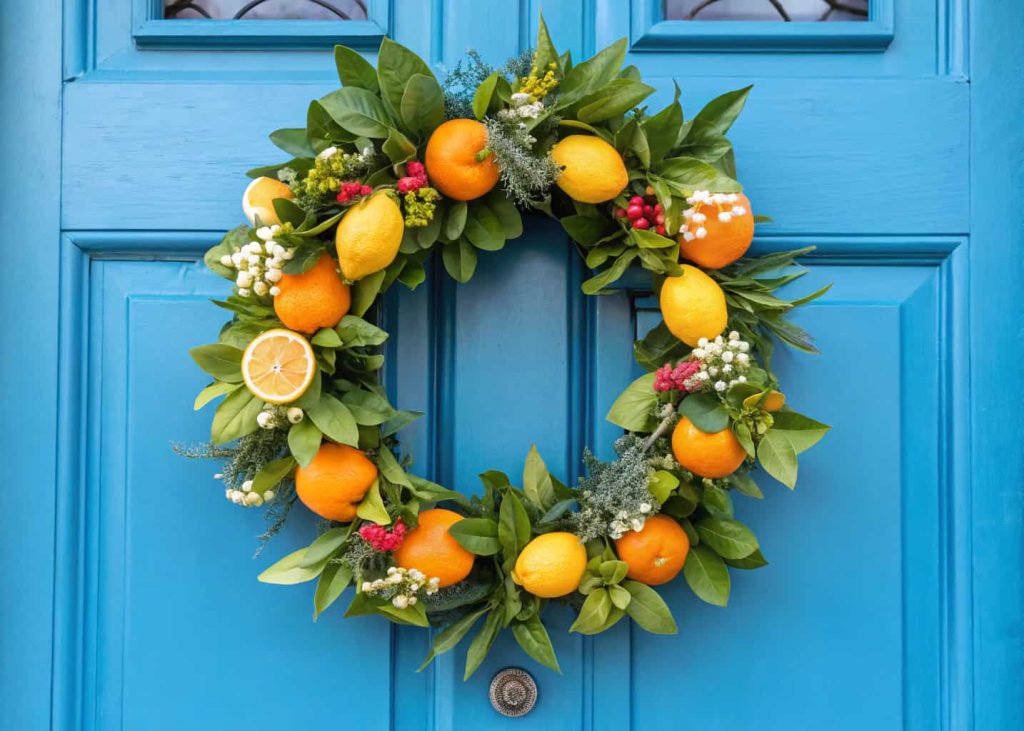 A spring wreath made of faux lemons, oranges, green leaves, and small flowers hanging on a bright blue front door.