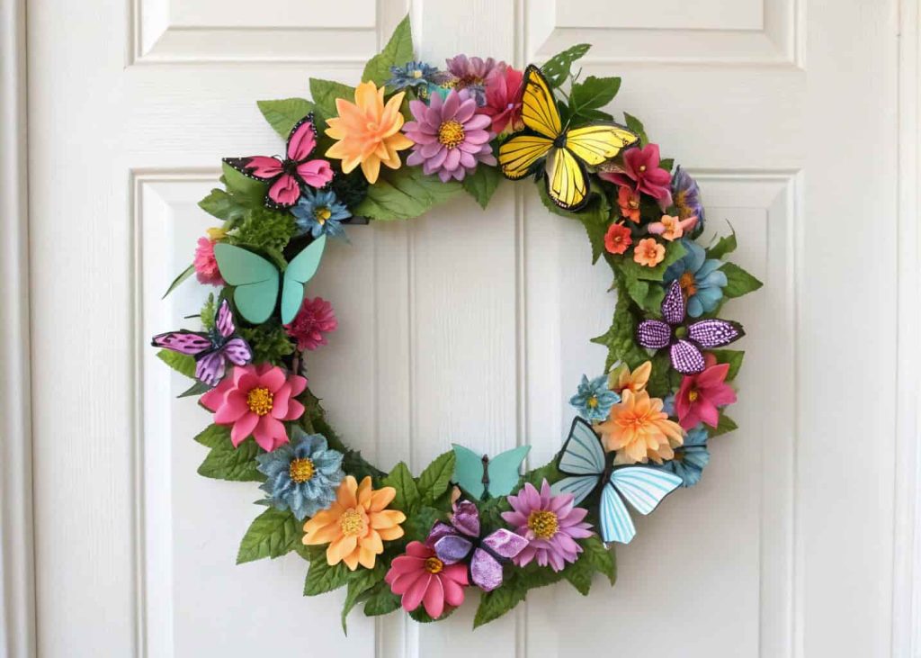 A butterfly-themed wreath with colorful artificial butterflies perched on pastel flowers and green leaves on a white door.