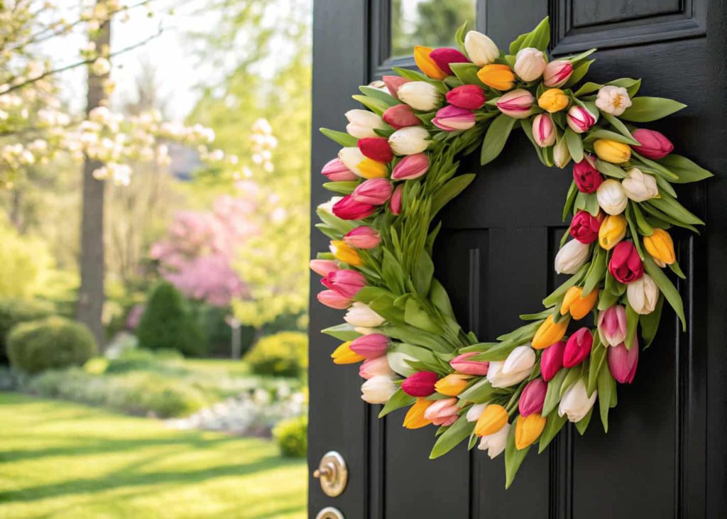 A wreath made of multi-colored tulips and green leaves hanging on a black front door, with a bright spring background.