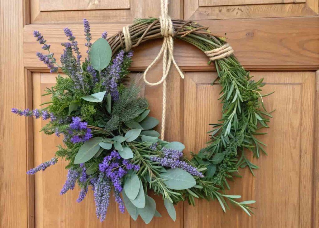 A wreath with sprigs of lavender, rosemary, and eucalyptus tied with a twine ribbon on a wooden front door.