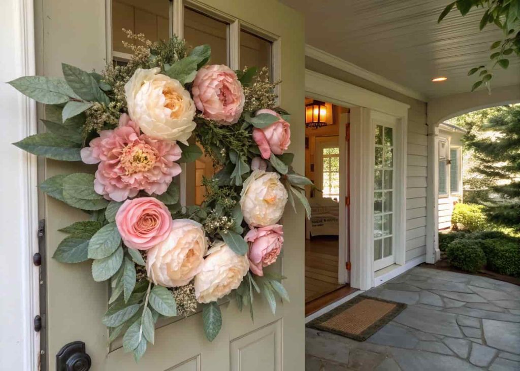 A front door decorated with a large peony wreath in shades of pink and cream, with soft green leaves.