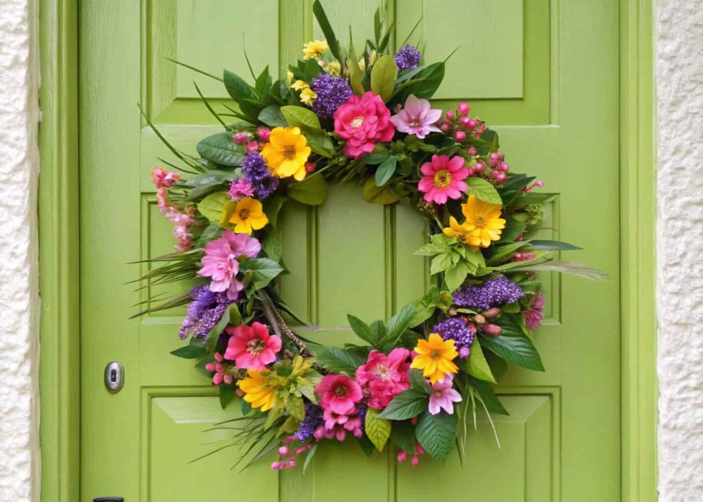 A mixed floral wreath with colorful spring flowers and green leaves hanging on a bright green front door.