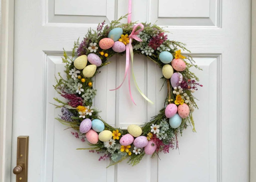 A wreath with pastel-colored Easter eggs, small flowers, and ribbons on a white front door.