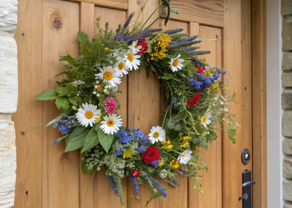 A colorful wildflower wreath with daisies, cornflowers, and greenery on a wooden front door.