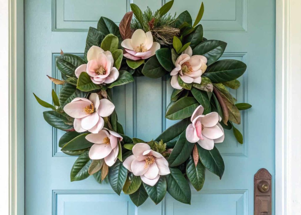 A wreath with large magnolia flowers and deep green leaves hanging on a light blue front door.