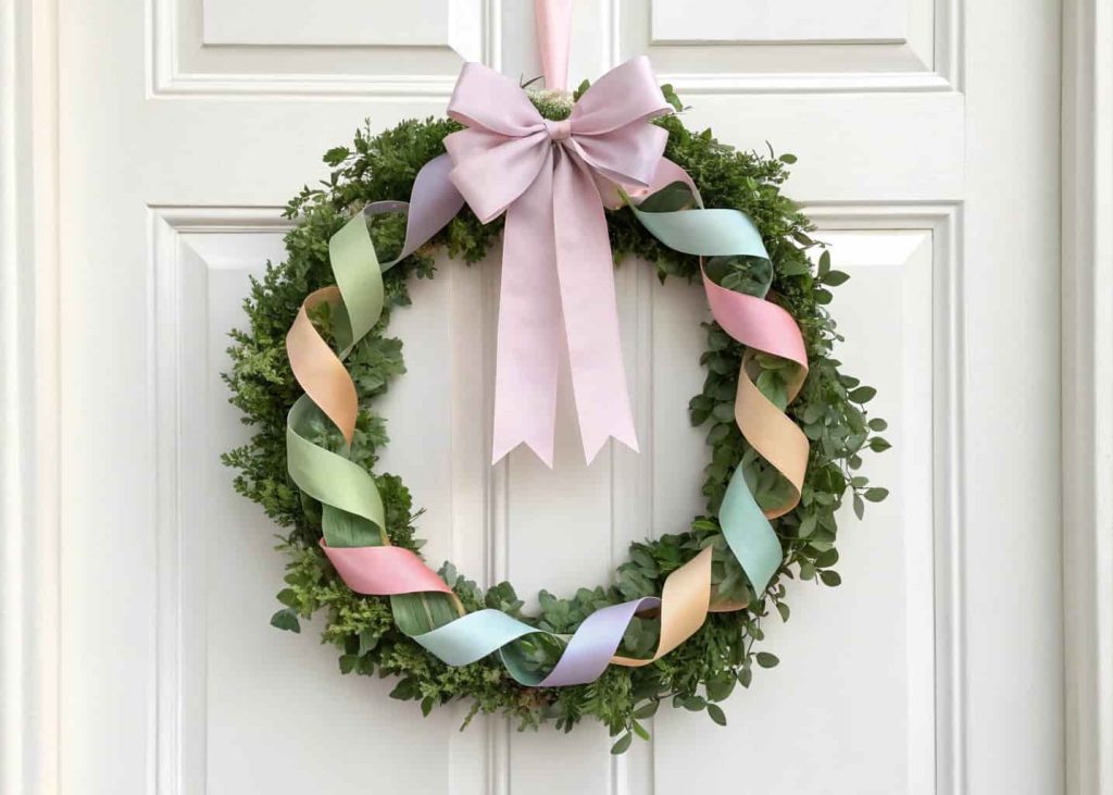 A wreath with pastel ribbons wrapped around a circular base and a large bow at the top on a white front door.