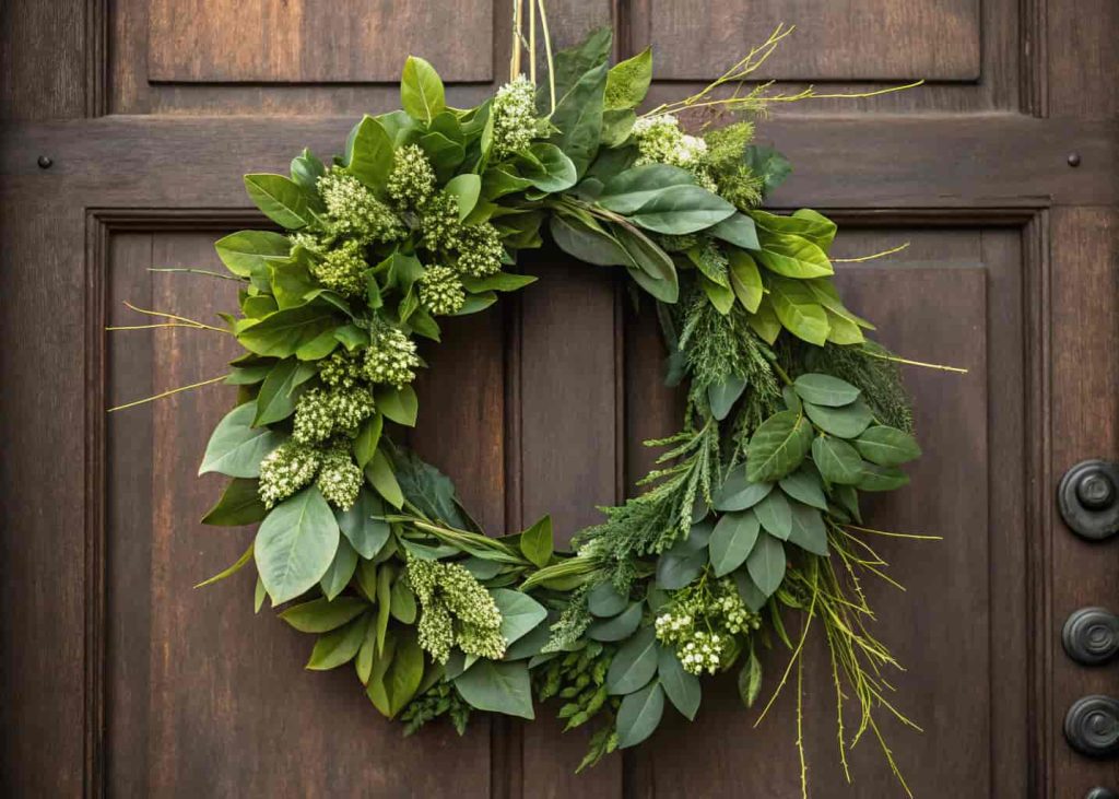 A wreath made entirely of various green leaves and subtle flower buds hanging on a dark brown wooden door.
