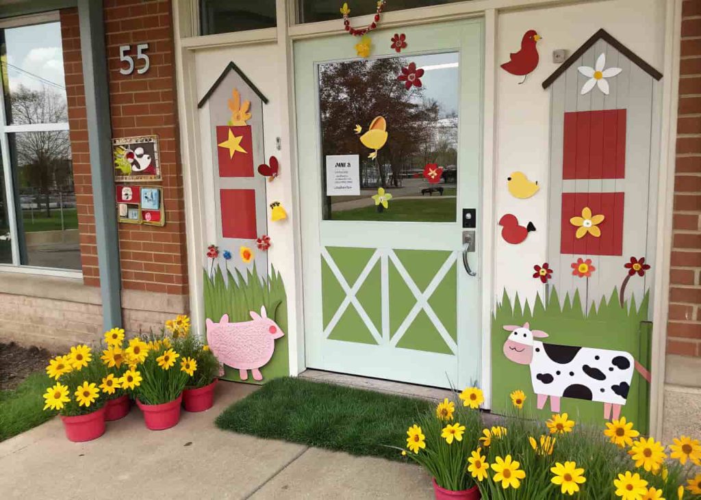 Door decorated with paper barn, farm animals like cows and chickens, green grass, flowers, bright spring farm scene.