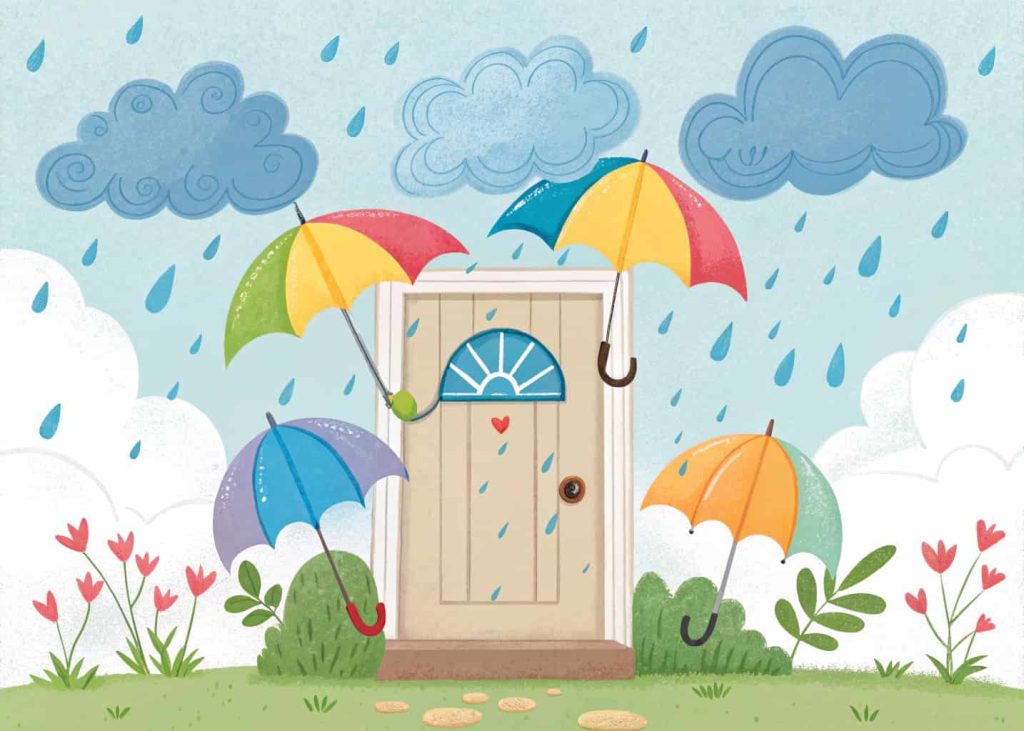 Door with colorful umbrellas, blue raindrops, fluffy clouds, cheerful spring rainy day theme.