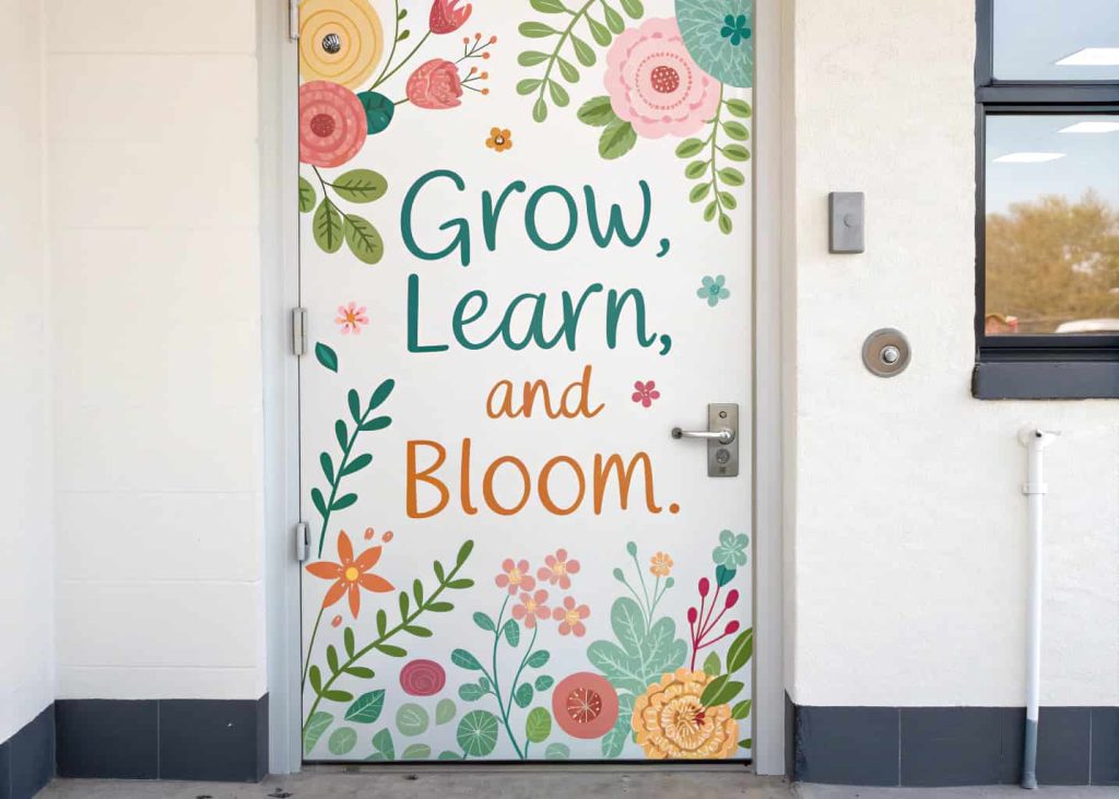 Door featuring colorful spring flowers surrounding cheerful quotes like “Grow, Learn, and Bloom,” simple and uplifting design.
