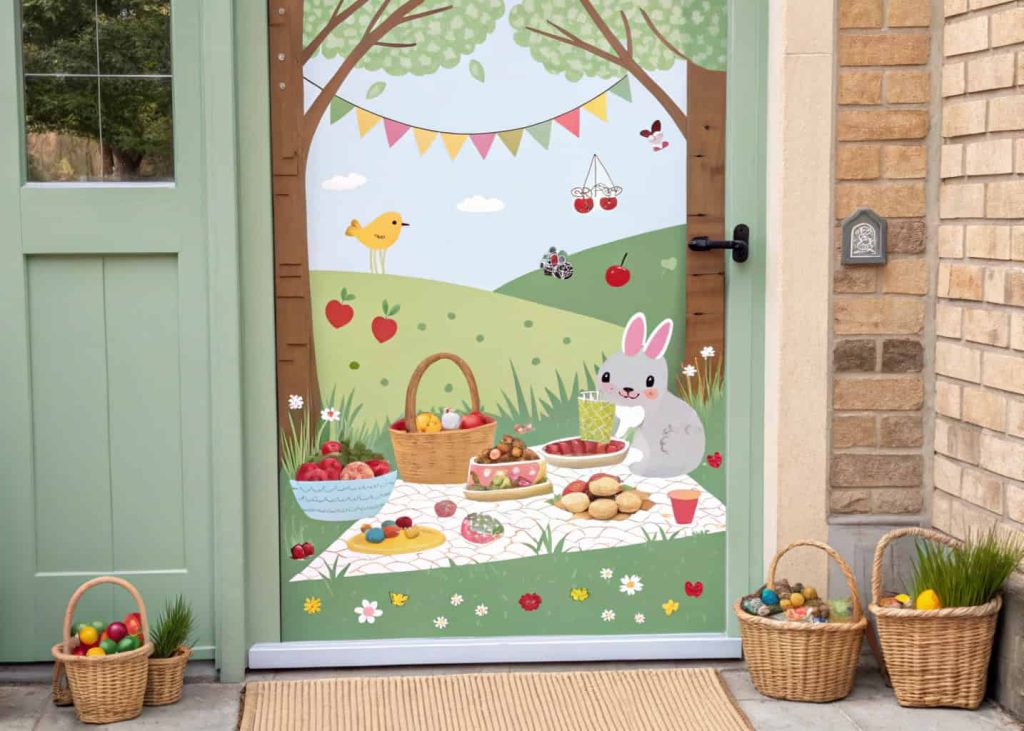 Door decorated with a spring picnic scene: paper blankets, fruits, sandwiches, and cute animals enjoying the picnic.