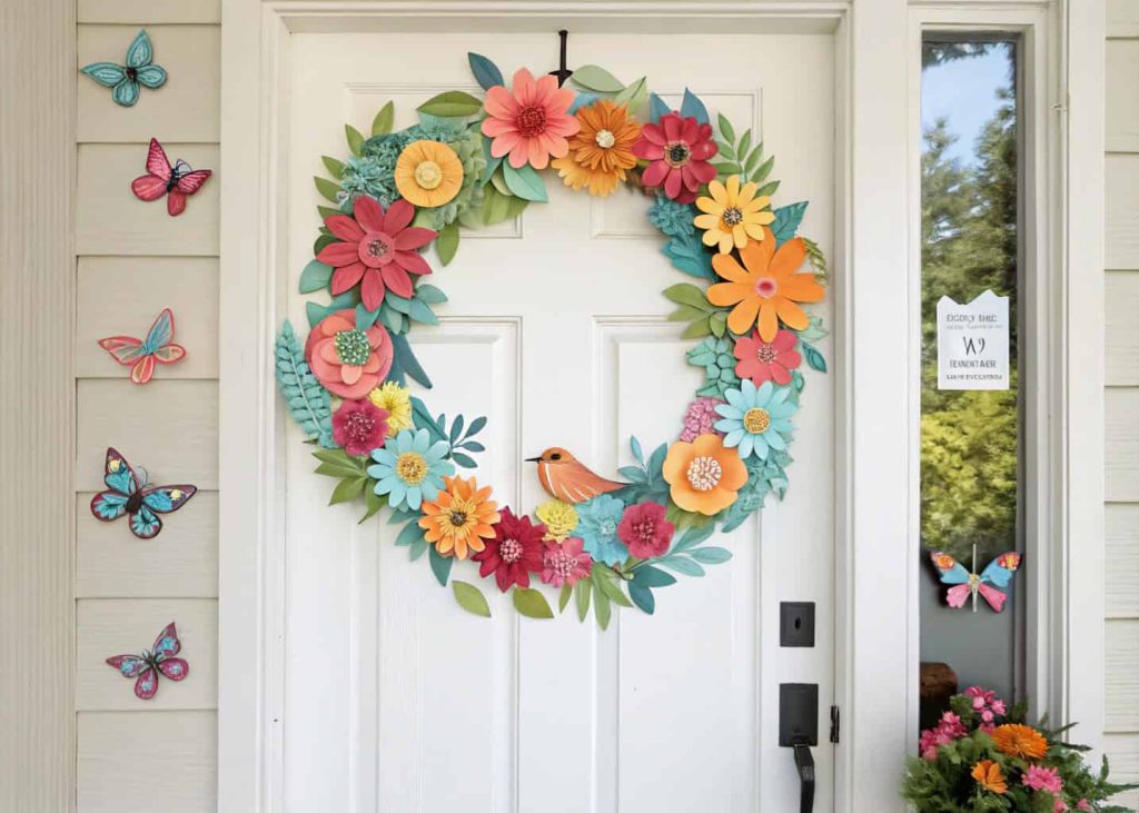 Door featuring a vibrant paper floral wreath surrounded by butterflies and small birds, cheerful spring decoration.