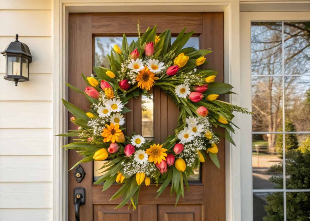 “Front door with a large, colorful spring floral wreath, bright tulips and daisies, green leaves, sunny day, welcoming home vibe, realistic style.”