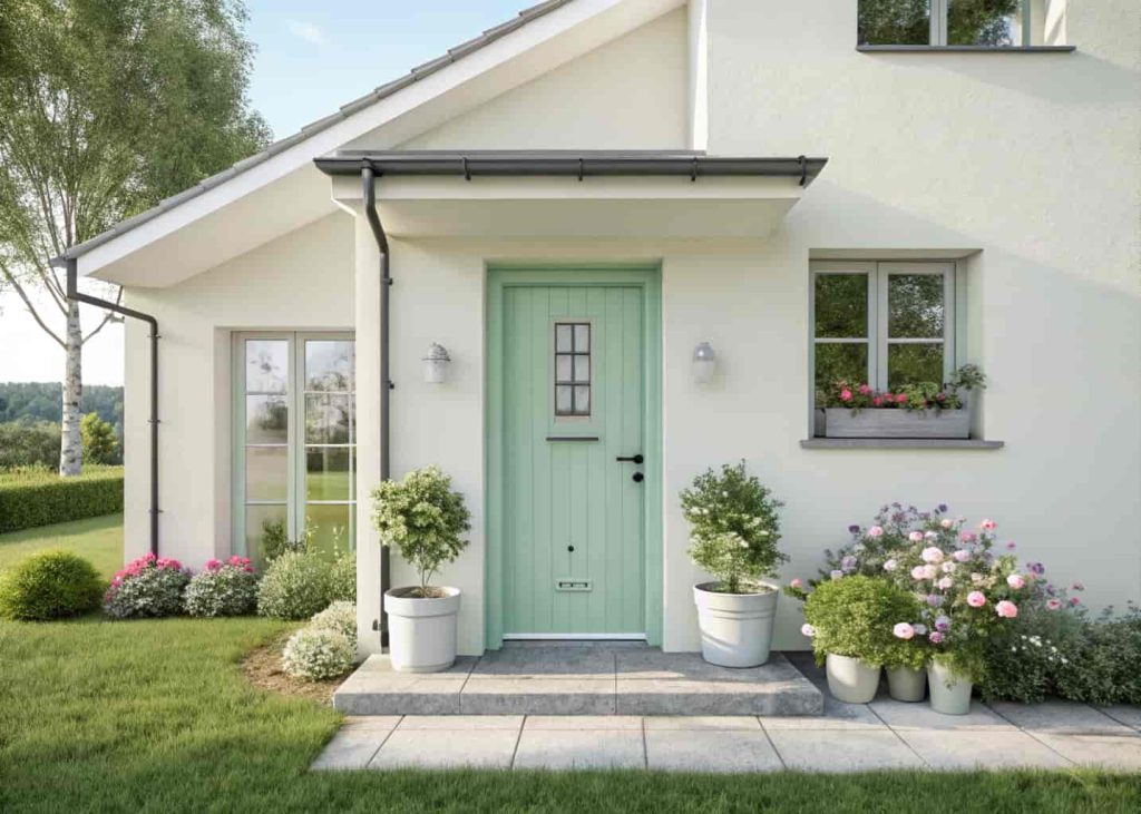 Front door painted in pastel mint green with matching flower pots on sides, spring vibes, bright daylight, clean modern house exterior.”