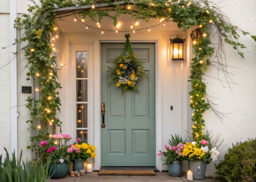 “Front door with a spring flower and greenery garland draped around the frame, fairy lights intertwined, bright and cheerful atmosphere, realistic style.”