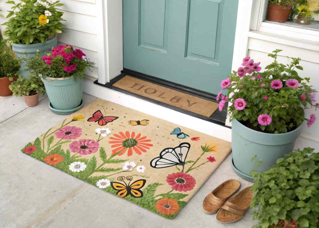 Cheerful spring-themed doormat with flowers and butterflies, front porch with potted plants, bright sunny day, welcoming home vibe.”