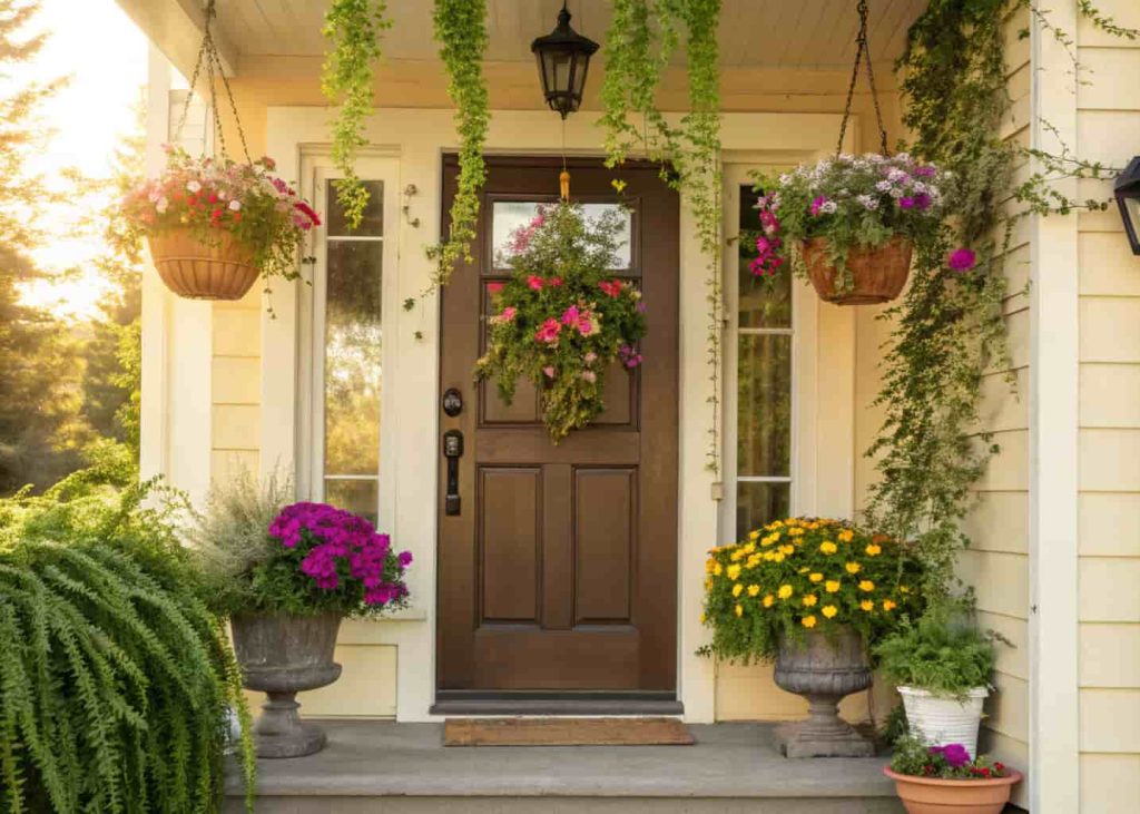 “Front door with hanging flower pots filled with colorful spring flowers, green trailing plants, sunny porch, inviting atmosphere.”