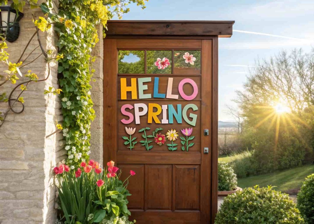 “Wooden front door with a colorful spring-themed sign saying ‘Hello Spring,’ surrounded by flowers and greenery, sunny day.”