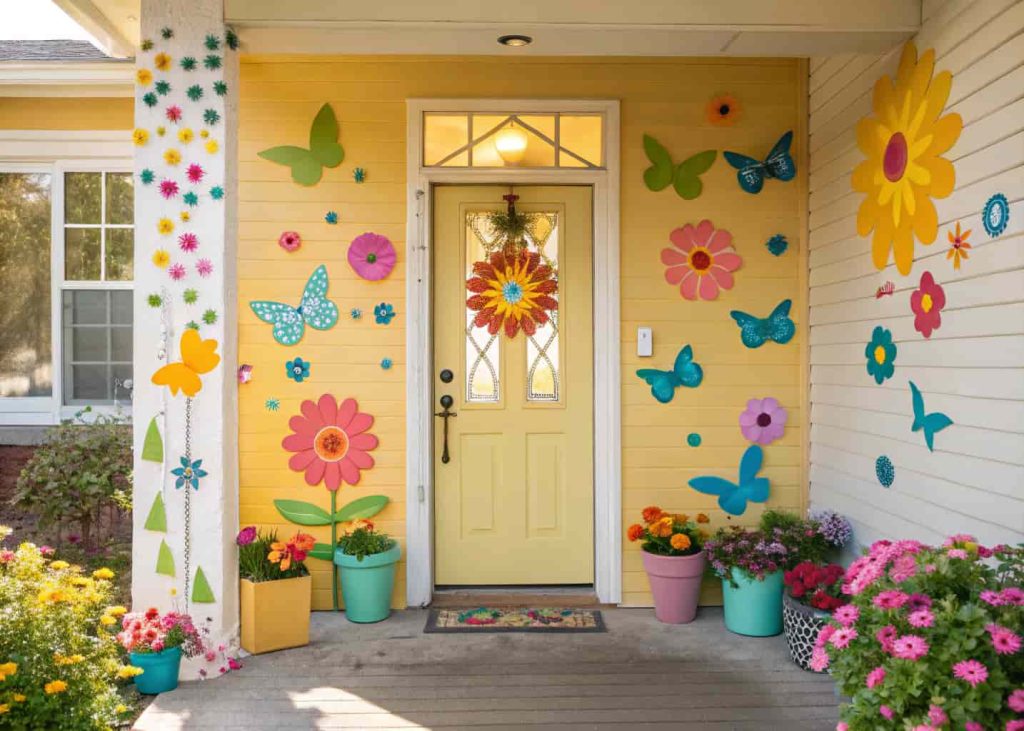 “Front door decorated with colorful butterfly cutouts and flowers, cheerful spring theme, sunny daylight, welcoming home entrance.”