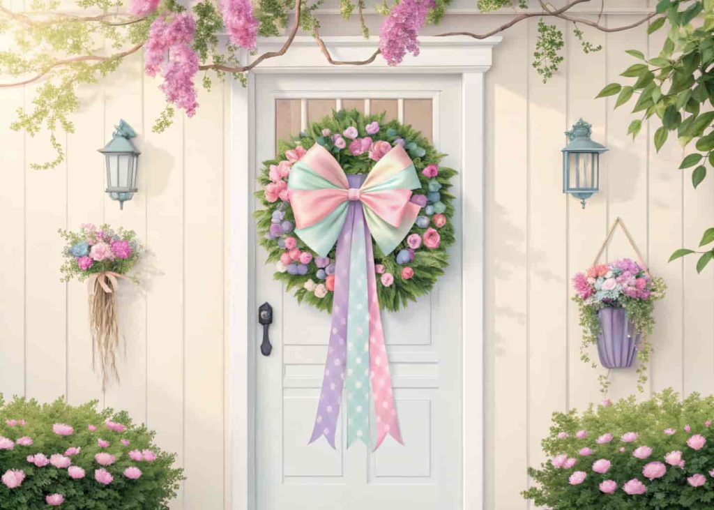 “Front door with large pastel ribbon bow on wreath, extra ribbon strands hanging down, bright spring morning, charming and festive style.”