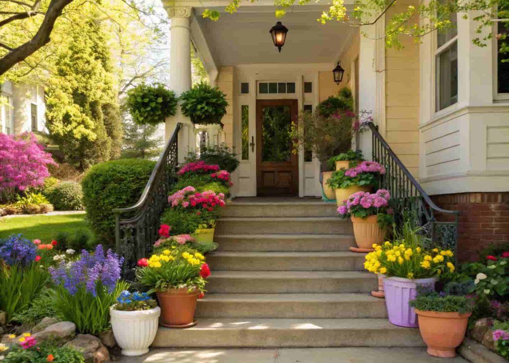 “Front steps lined with colorful potted spring flowers and greenery, welcoming front porch, bright daylight, cheerful spring vibe.”