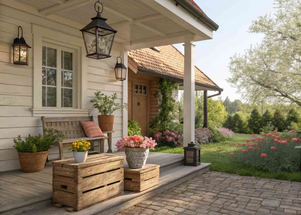 Rustic front porch with wooden crates, small bench, potted flowers, and lanterns, spring-themed, sunny day, cozy welcoming look.”