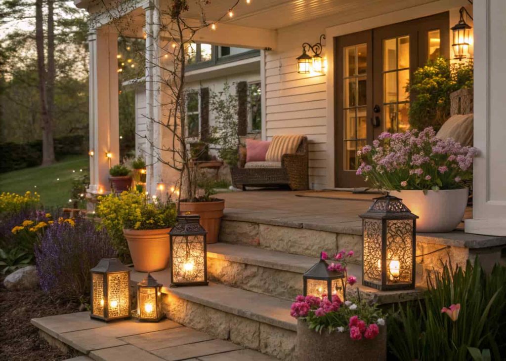 “Front porch with decorative lanterns filled with flowers and fairy lights, surrounded by spring potted plants, cozy evening spring vibe.”