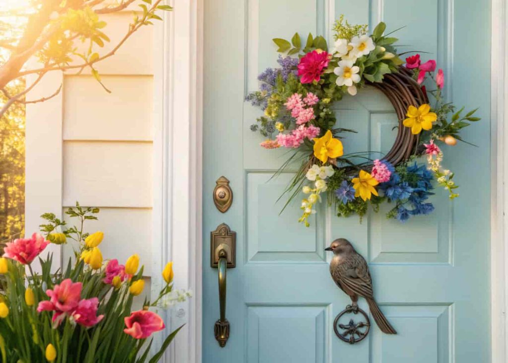 “Close-up of front door with spring-themed floral and bird door knocker, colorful flowers around door, bright sunny day, inviting home entrance.”
