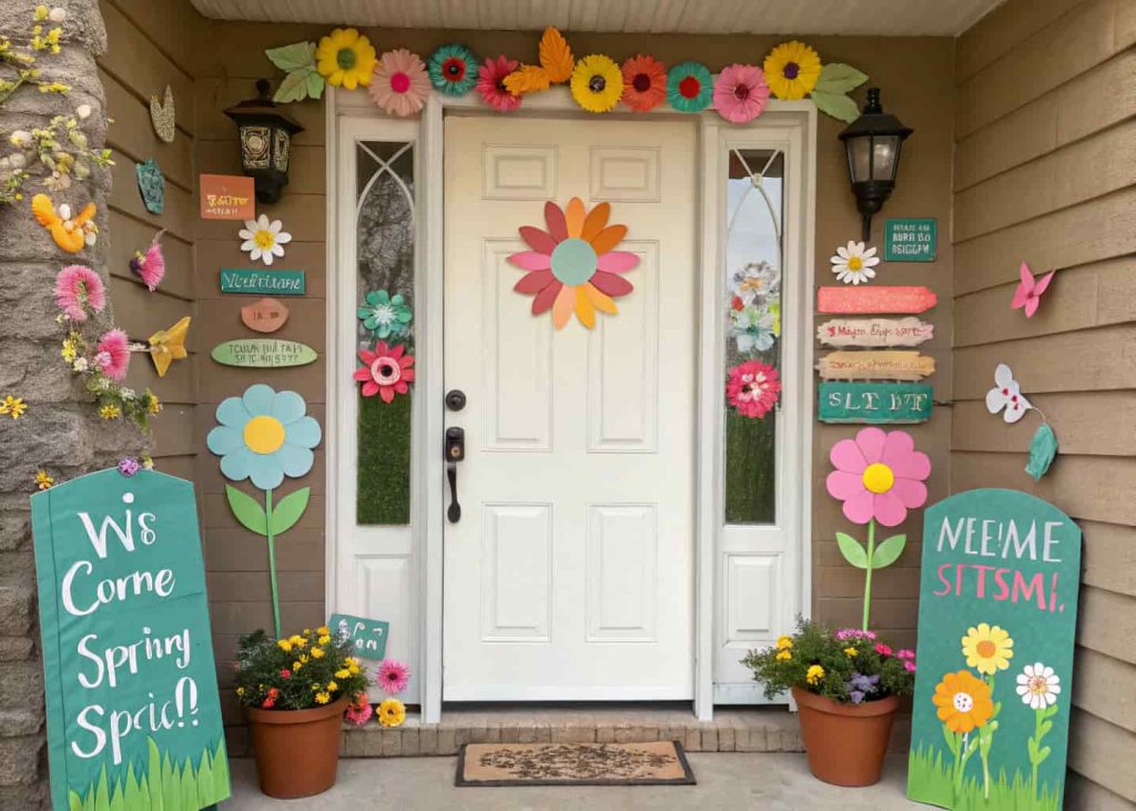 Front door decorated with handmade DIY spring decorations, colorful flowers, painted signs, playful and welcoming spring vibe.”