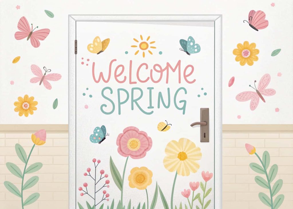classroom door with “Welcome Spring” text, pastel colors, butterflies and flowers, soft and clean design