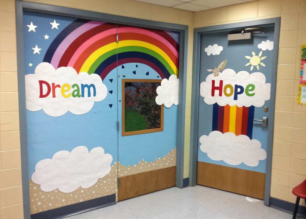 classroom door with large rainbow and clouds, bright colors, positive words on clouds, cheerful school decor