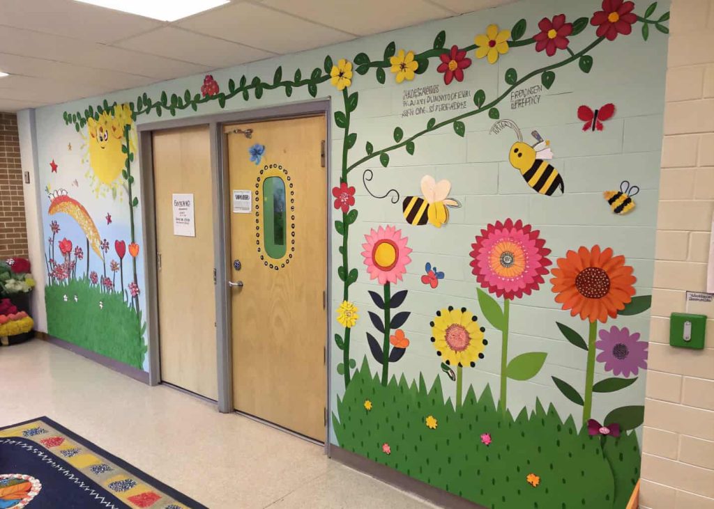 classroom door designed like a garden, flowers, butterflies and bees, colorful and lively decoration