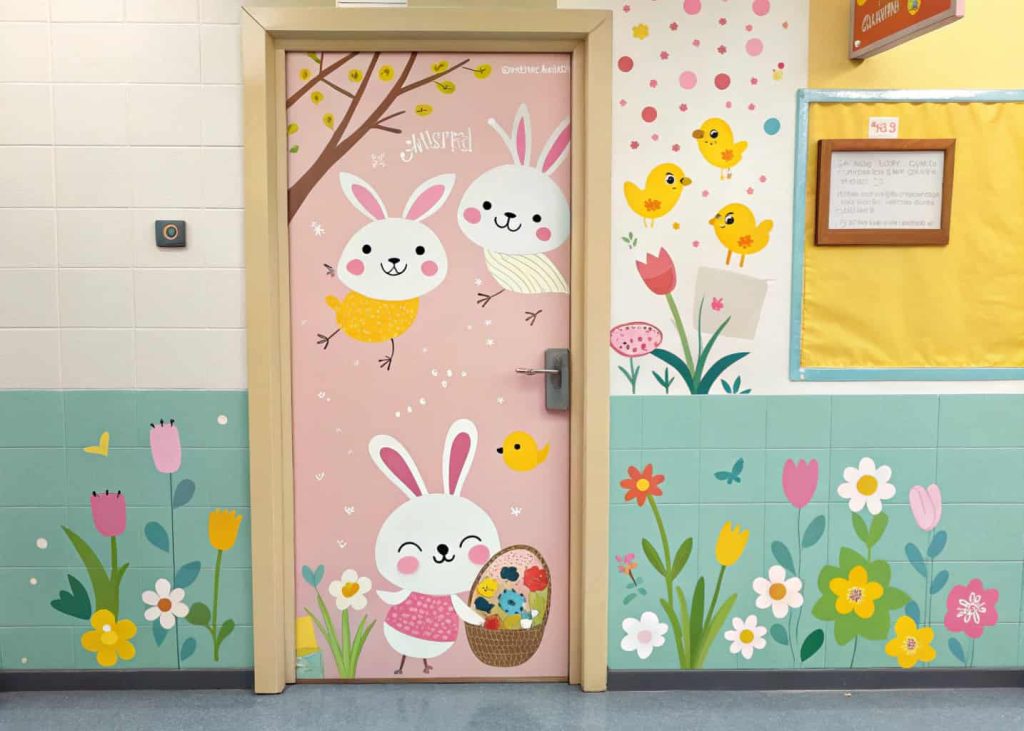 classroom door with cute spring animals like rabbits and chicks, colorful and playful design