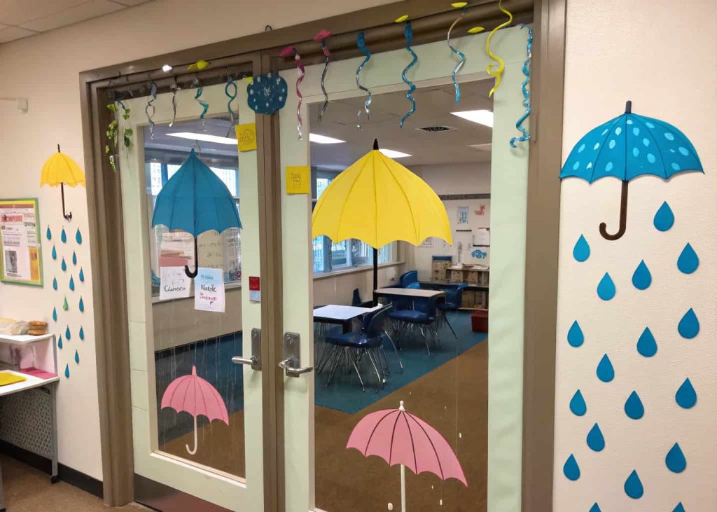 classroom door with colorful umbrellas and raindrops, fresh spring rain theme