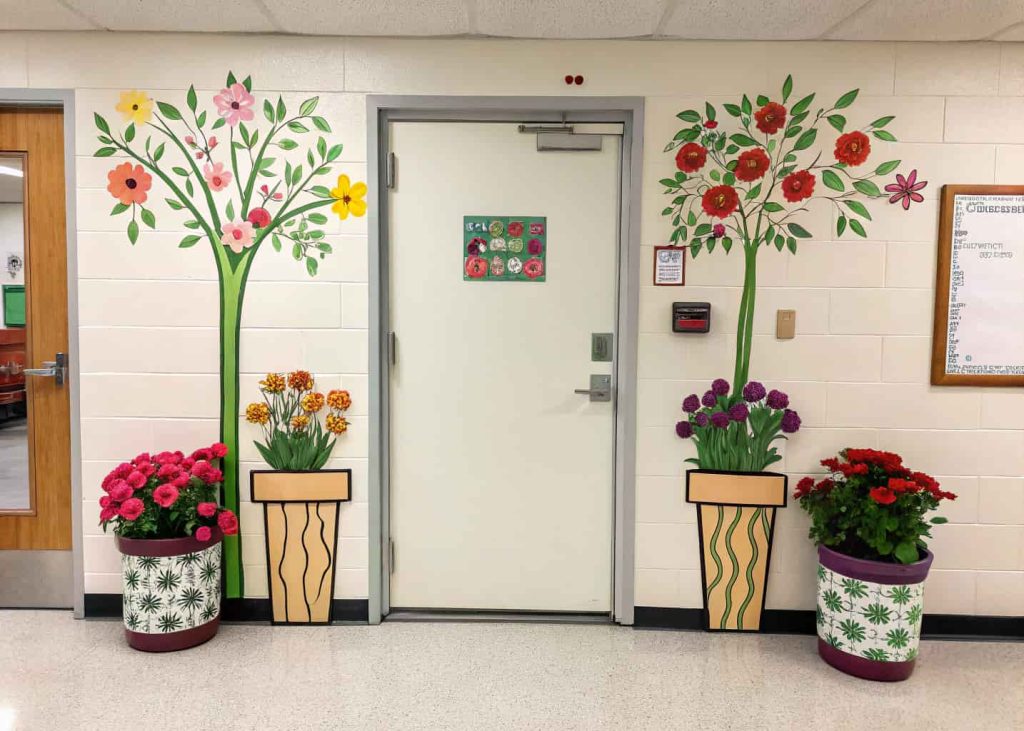 classroom door with flower pots and blooming flowers, neat and organized design