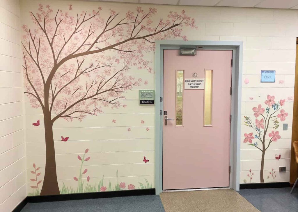 classroom door with pastel colors, soft spring theme, minimal and elegant design