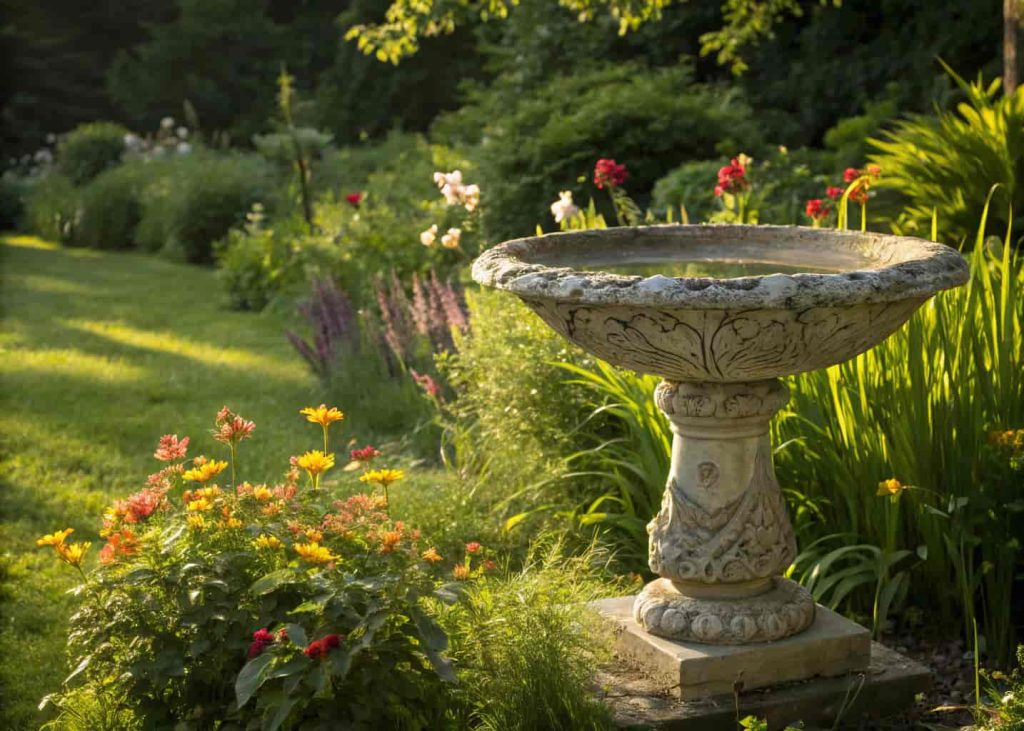 A classic stone bird bath bowl placed in a lush green garden with flowers and sunlight