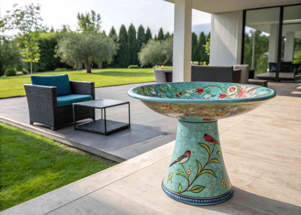 A colorful ceramic bird bath bowl on a minimal garden patio with modern decor