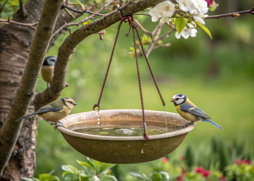 A hanging bird bath bowl suspended from a tree branch with birds