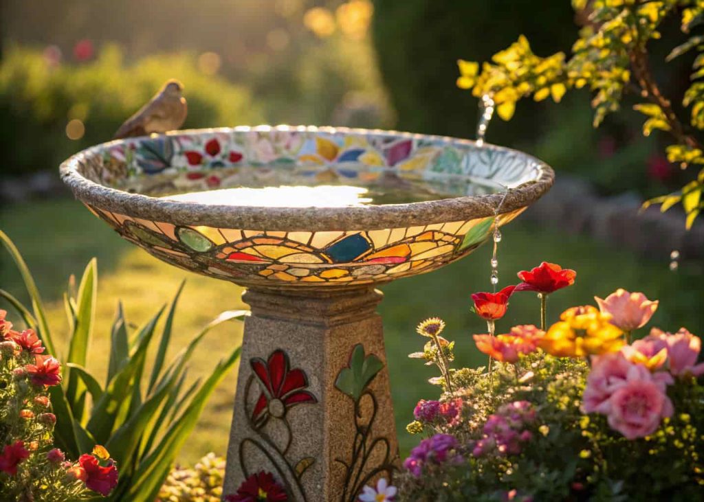 A decorative glass bird bath bowl reflecting sunlight in a flower garden