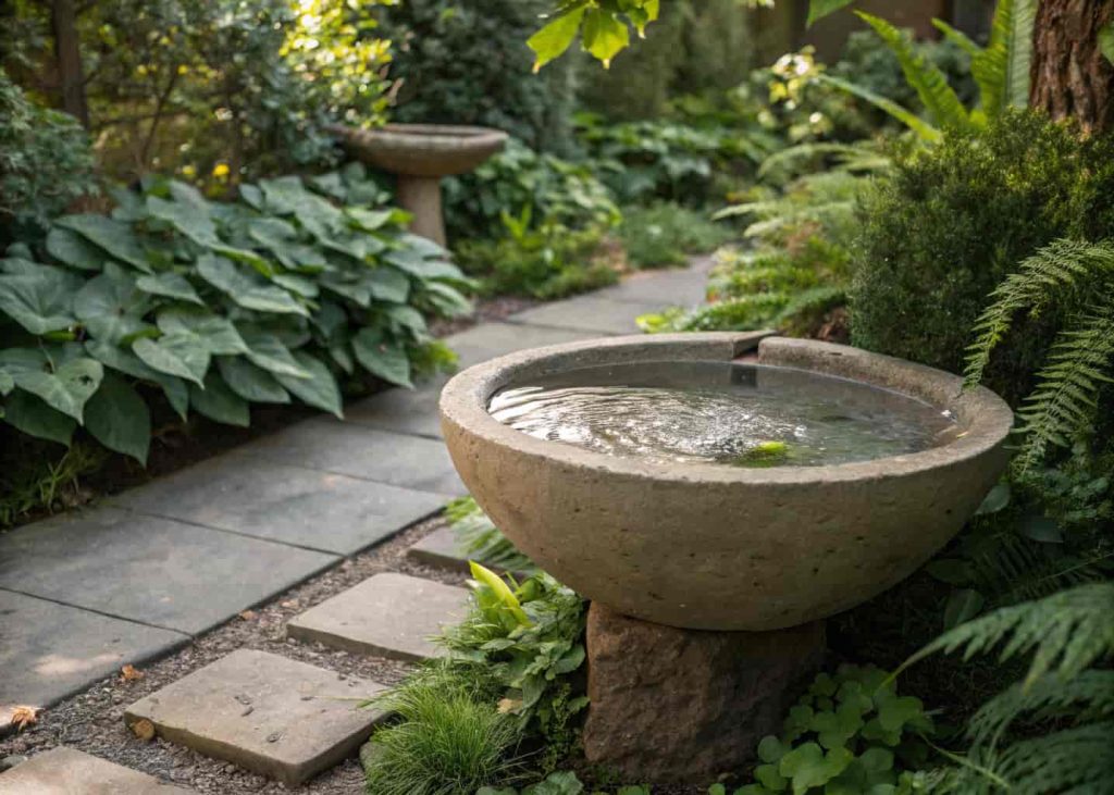 A concrete bird bath bowl surrounded by green plants in a backyard garden